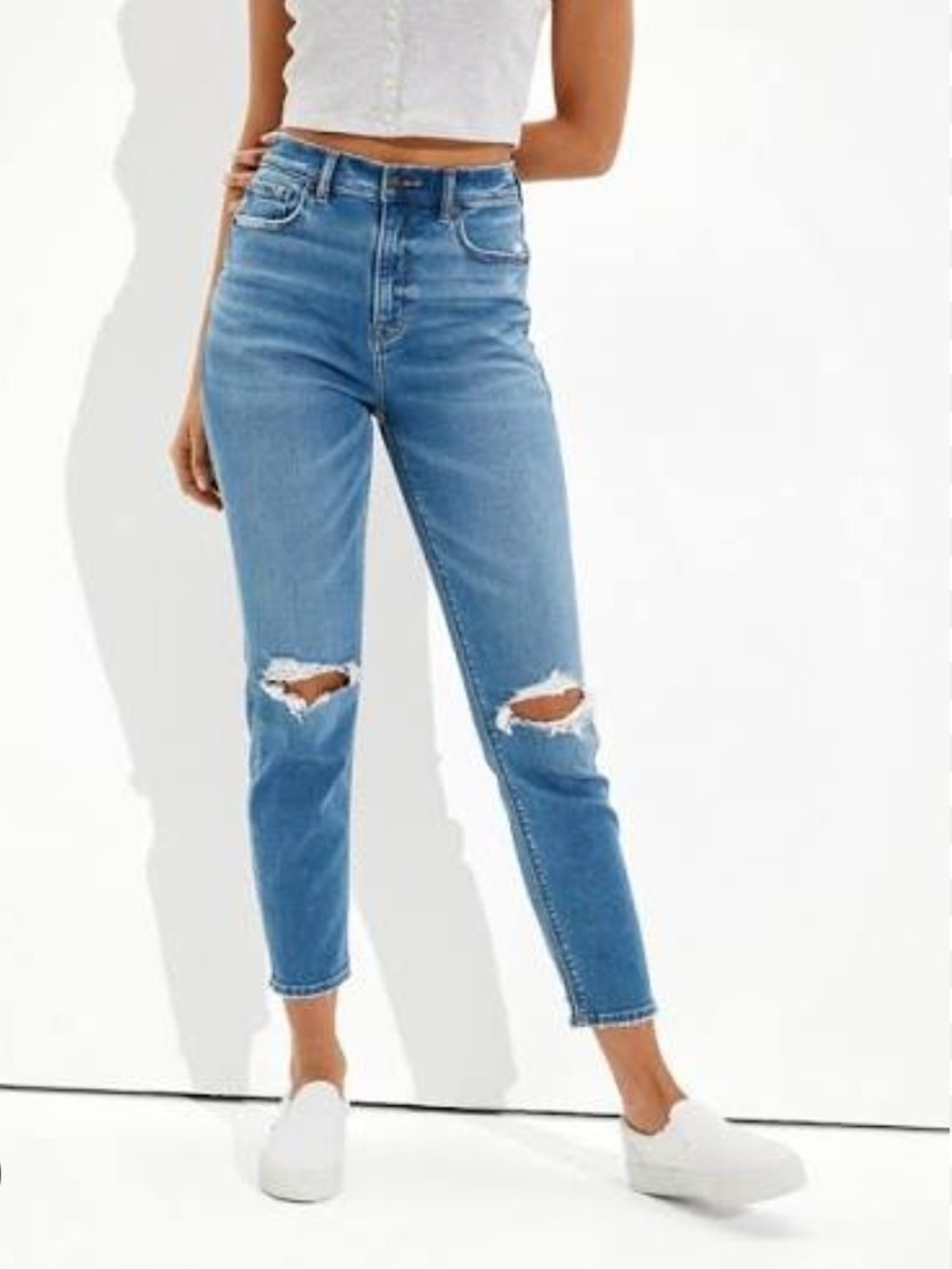 AE Soft Knit Mom Jean In Distressed Blue